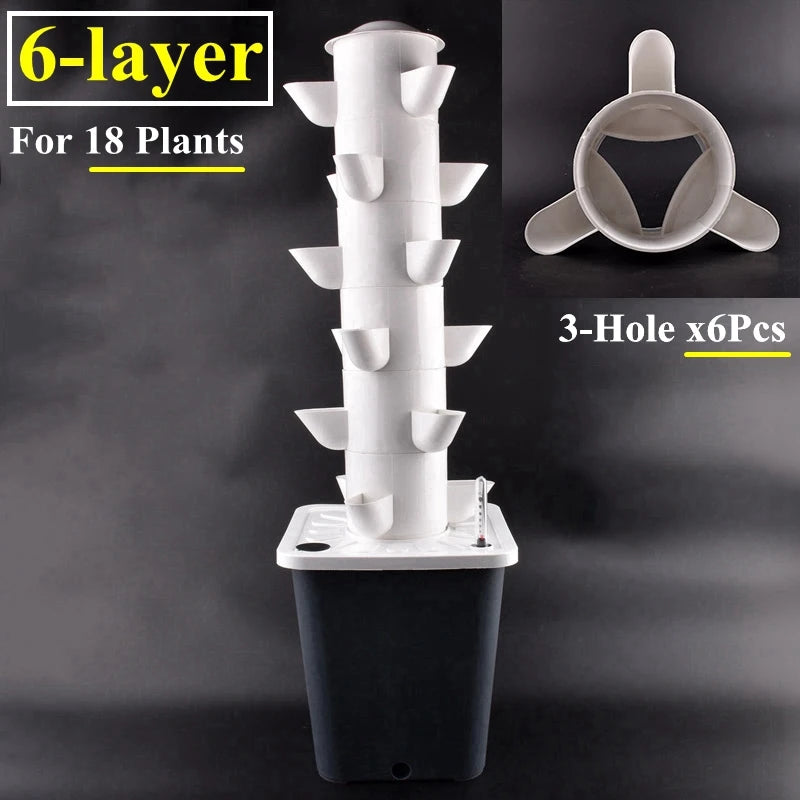 Vertical 6-tier hydroponic vegetable planter tower with white cups and base reservoir