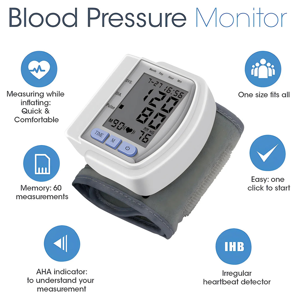 Wrist Blood Pressure Monitor Bp Monitor Large LCD Display Blood Pressure Machine Adjustable Wrist Cuff