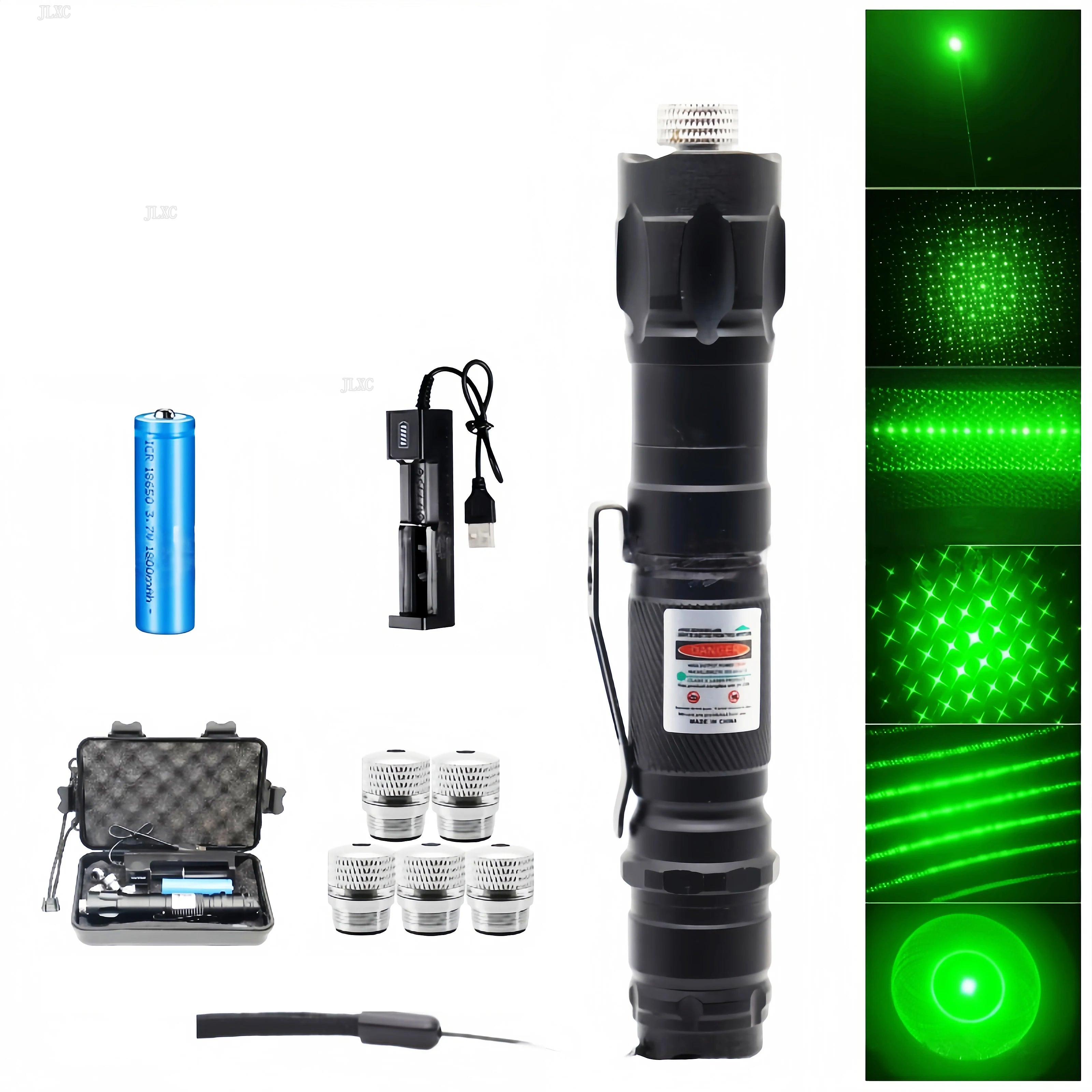 Green laser pointer cat toy set with 5 pattern caps, rechargeable battery, and charger for interactive pet exercise.
