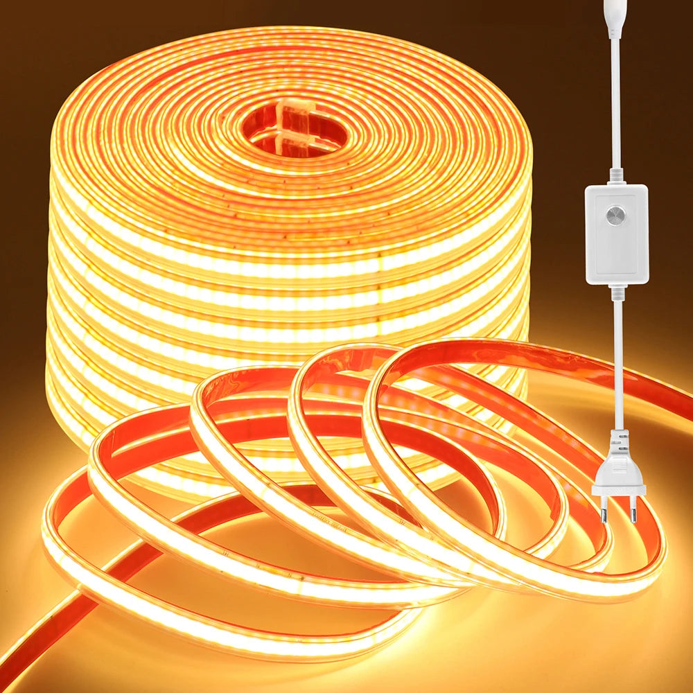 Dimmable COB LED strip light kit, golden yellow LED roll with EU plug and inline dimmer switch
