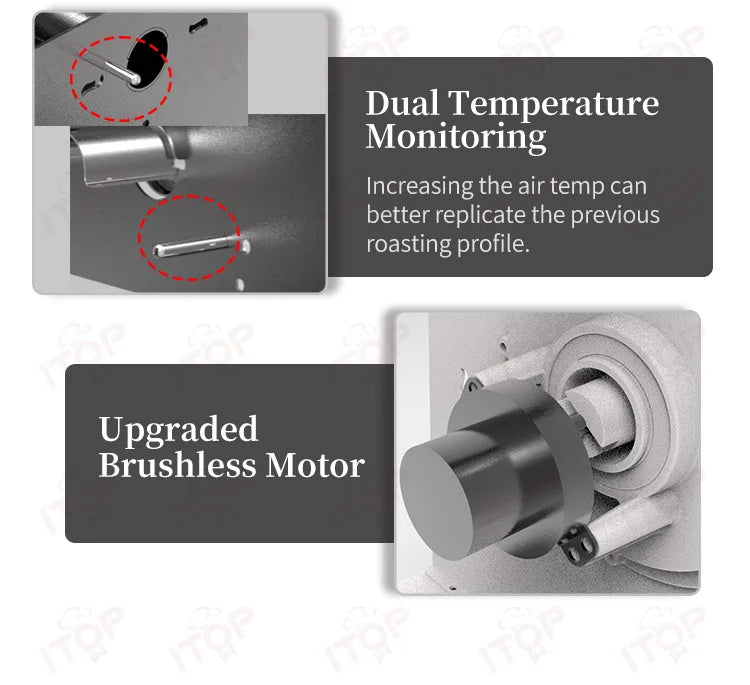 ITOP coffee bean roaster parts: gray metal chassis with dual temperature sensors and an upgraded brushless motor.
