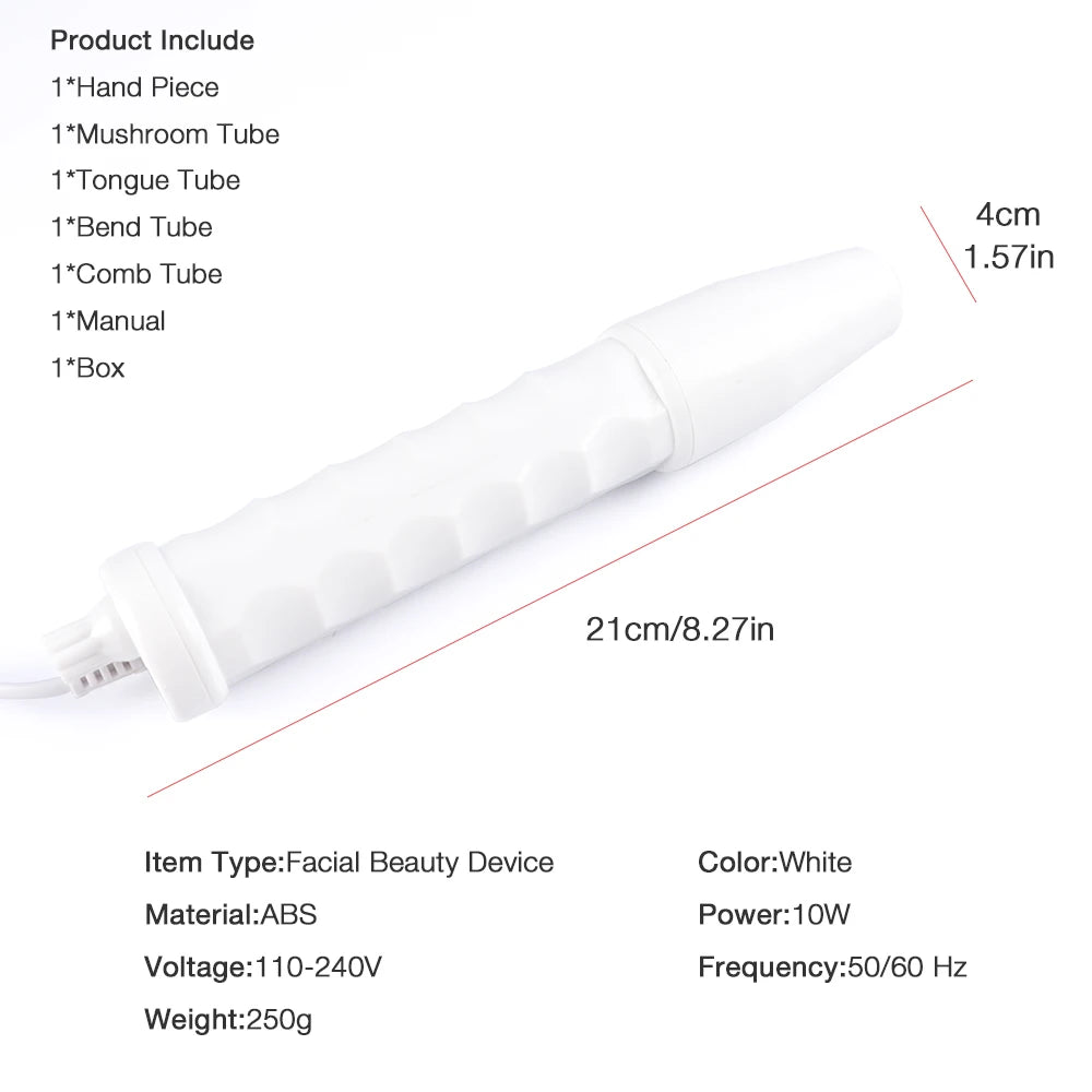 White portable facial beauty wand with ergonomic ABS handle, shown with dimensions and a list of included accessories.