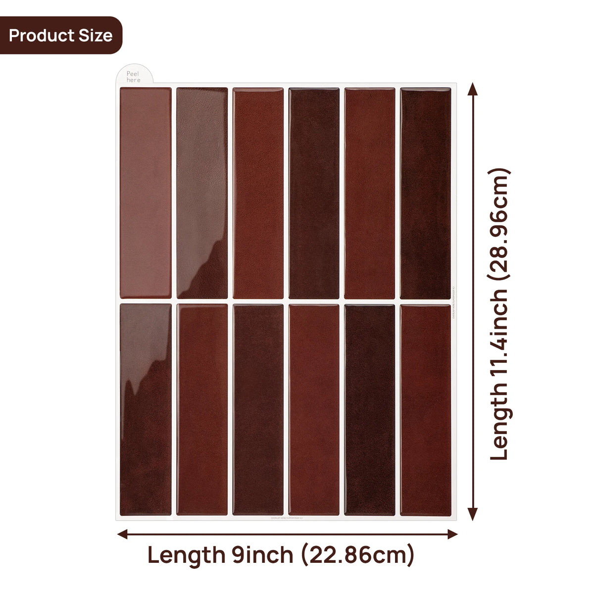 Mosaic tile sticker size diagram: brown sheet, 9 in length and 11.4 in width