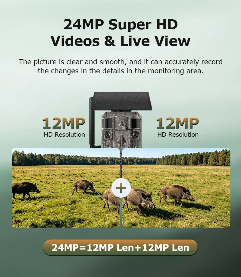 INQMEGA 24MP Dual Lens Solar 4G GPS Hunting Trail Camera AI PIR 180° Wide Angle Night Vision IP66 Outdoor Wildlife Camouflage