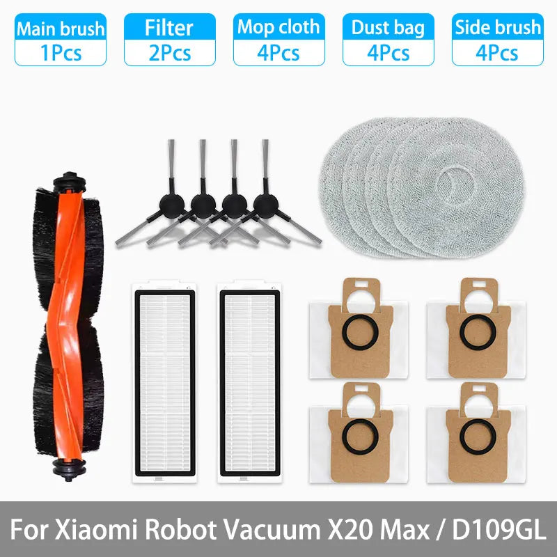 Replacement cleaning kit with main brush, side brushes, filters, mop cloths, and dust bags