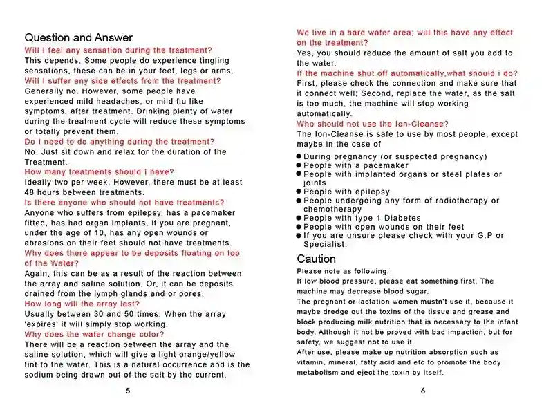Ionic foot detox machine spa user manual FAQs page providing safety guidelines, usage tips, and health precautions.