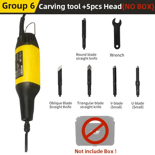 Carving chisel tool set with yellow handle, multiple blade bits, and wrench