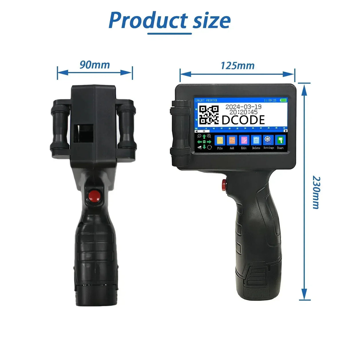 Handheld inkjet printer with size diagram showing 90mm and 125mm measurements