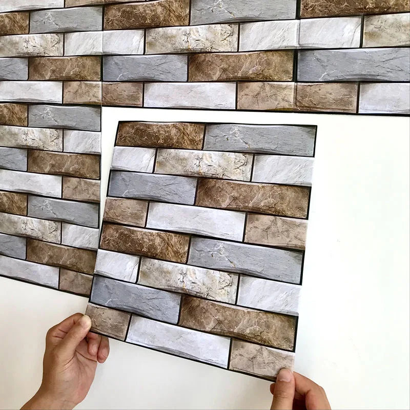 Peel-and-stick faux brick backsplash tile sheet with mixed gray, tan, and white blocks