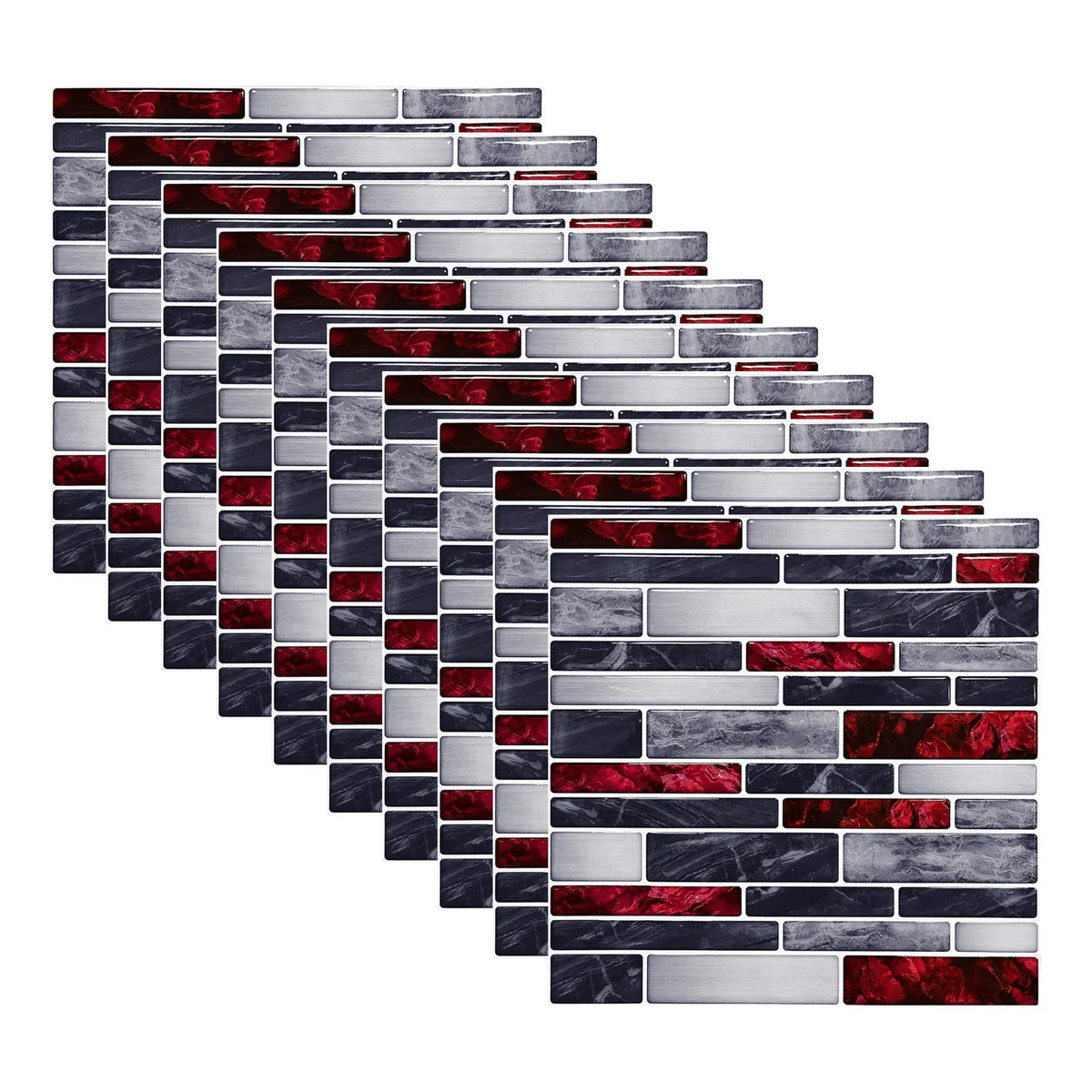 3D mosaic brick tile wall sticker sheet with silver, dark gray, and red accents