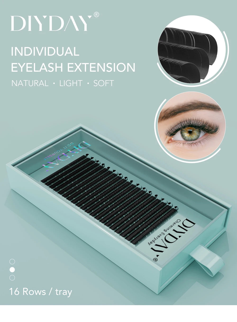 A light blue tray of 16 rows of black individual mink eyelash extensions with a soft, natural curl.