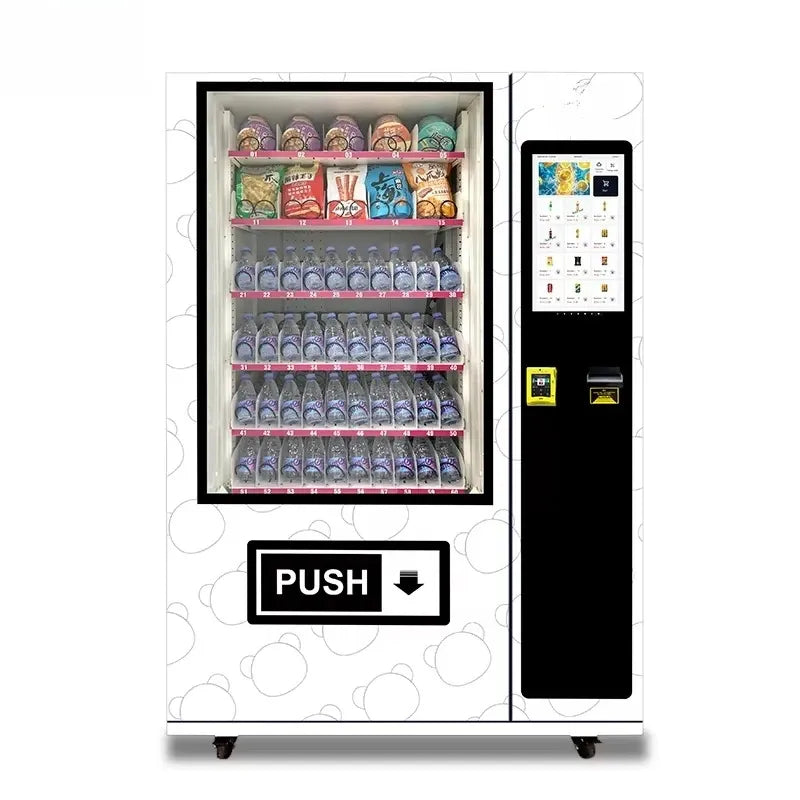 Drink vending machine with clear front door, rows of cans, and touch display panel