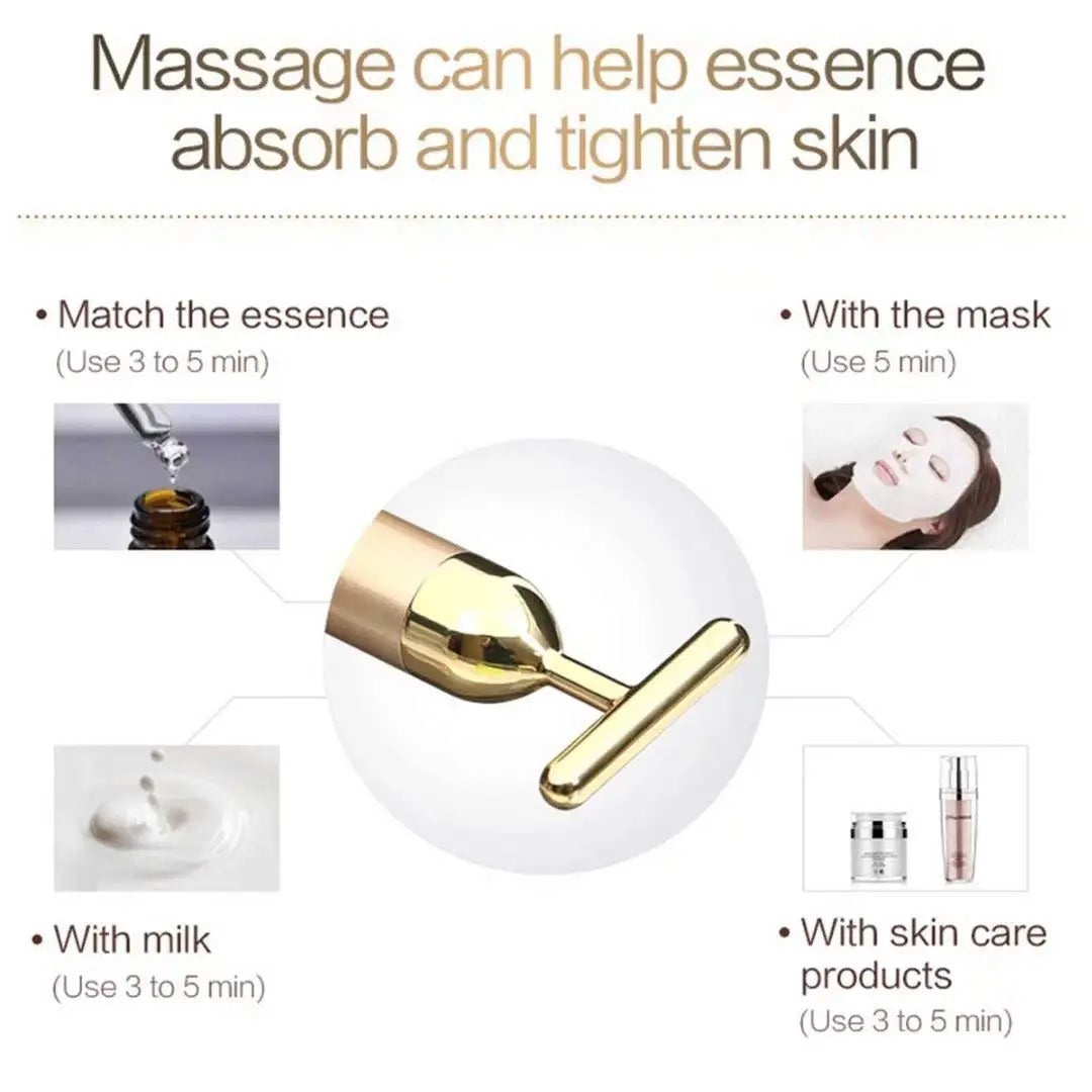 Gold-plated T-shaped electric beauty face massager shown with examples of use with serums, masks, and skincare.