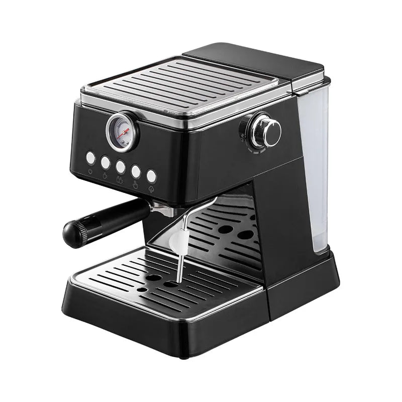 Black espresso machine with pressure gauge, steam wand, drip tray, and water tank on white background.