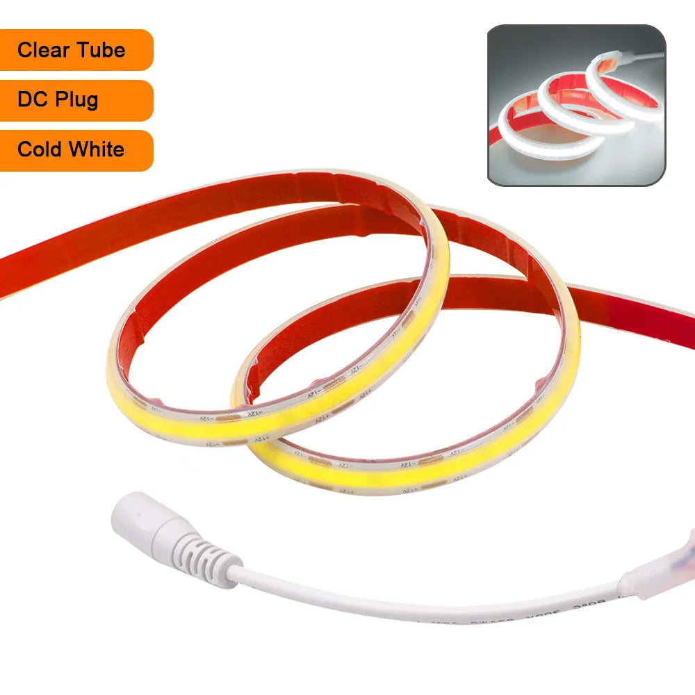 Cold white COB LED strip light kit, clear tube tape with DC plug and connected leads