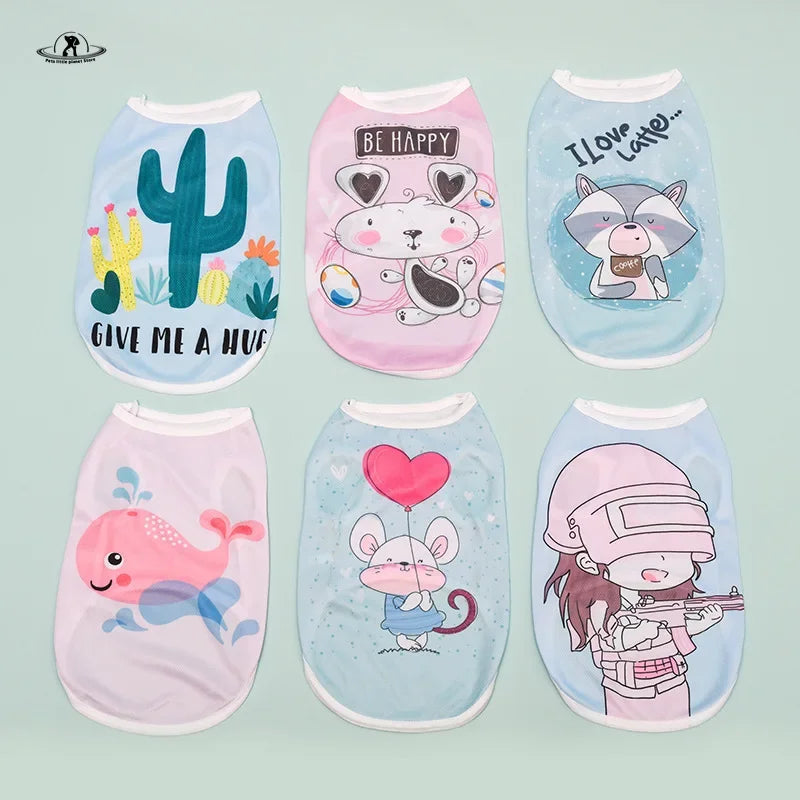 Cute cartoon puppy dog vest shirts for small dogs. Lightweight summer pet clothes for Chihuahua and cat outfits.