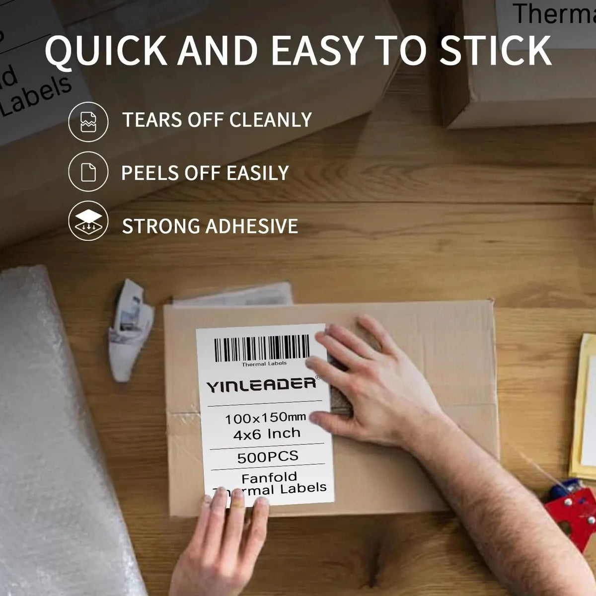 Person applying 4x6 thermal label to shipping box; strong adhesive for easy sticking
