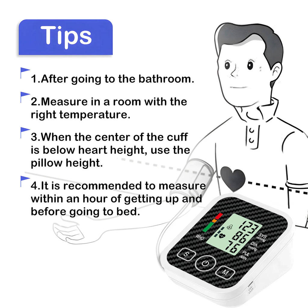 Upper Arm Blood Pressure Monitor with 36cm Cuff Automatic Digital Medical BP Tensiometer Heart Rate Detector Portable Home Care
