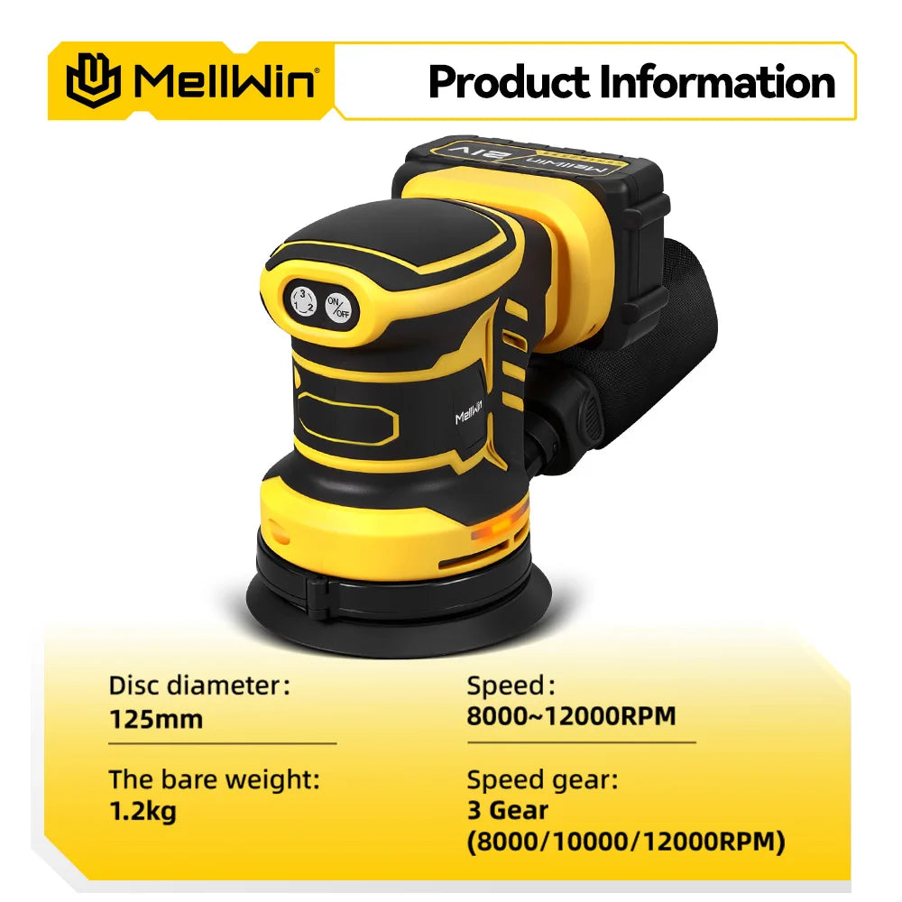 MELLWIN 125MM Electric Orbital Sander Polisher 3 Speeds Adjustable Wood Metal Sanding Polishing Tool For Makita 18V Battery Pin