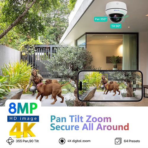 White dome PTZ camera with mobile app view for live security monitoring
