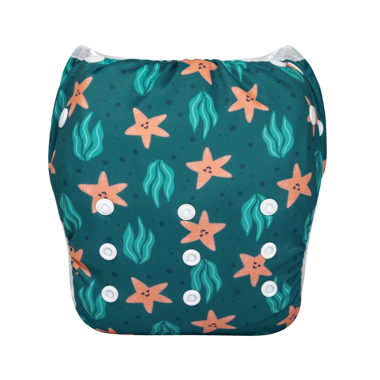 Reusable cloth baby diaper with green starfish and seaweed ocean print pattern, adjustable snap buttons.