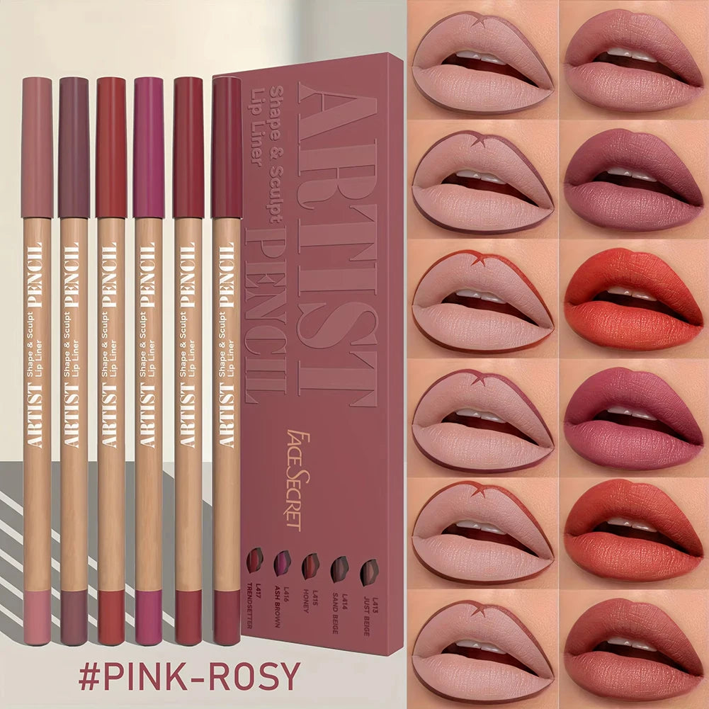 6-piece velvet matte lip liner set in assorted rosy, nude, and red shades for precise shaping and long-lasting color.