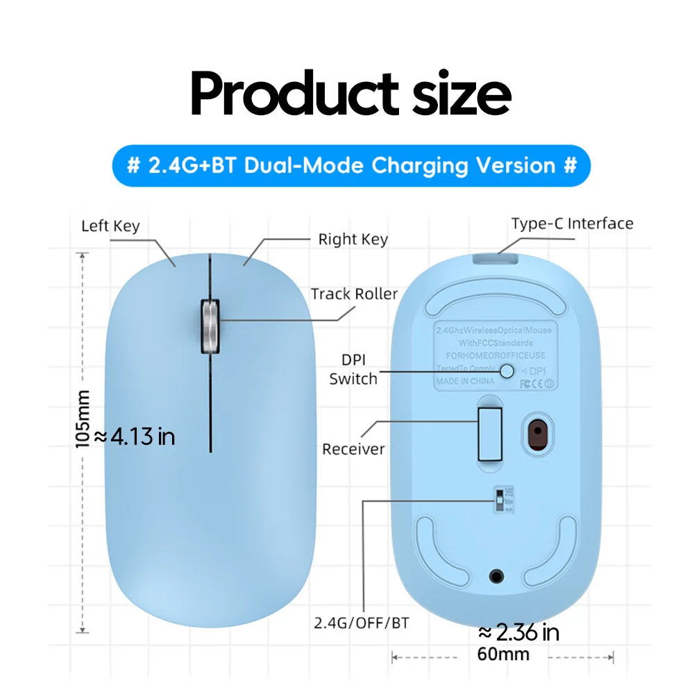 2.4G Wireless Mouse Type-C Rechargeable Bluetooth Mouse 1600DPI Silent Click Portable Office Game No-Noise Mice for PC Laptop