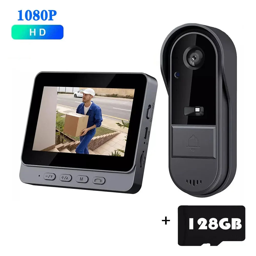 Black Wi‑Fi doorbell camera with 4.3in screen, 128GB SD card