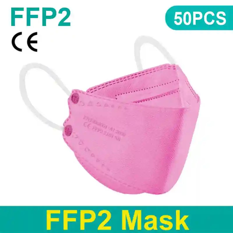 Pink 4-layer FFP2 KN95 respirator mask with textured fabric, soft white ear loops, and CE certification imprint.