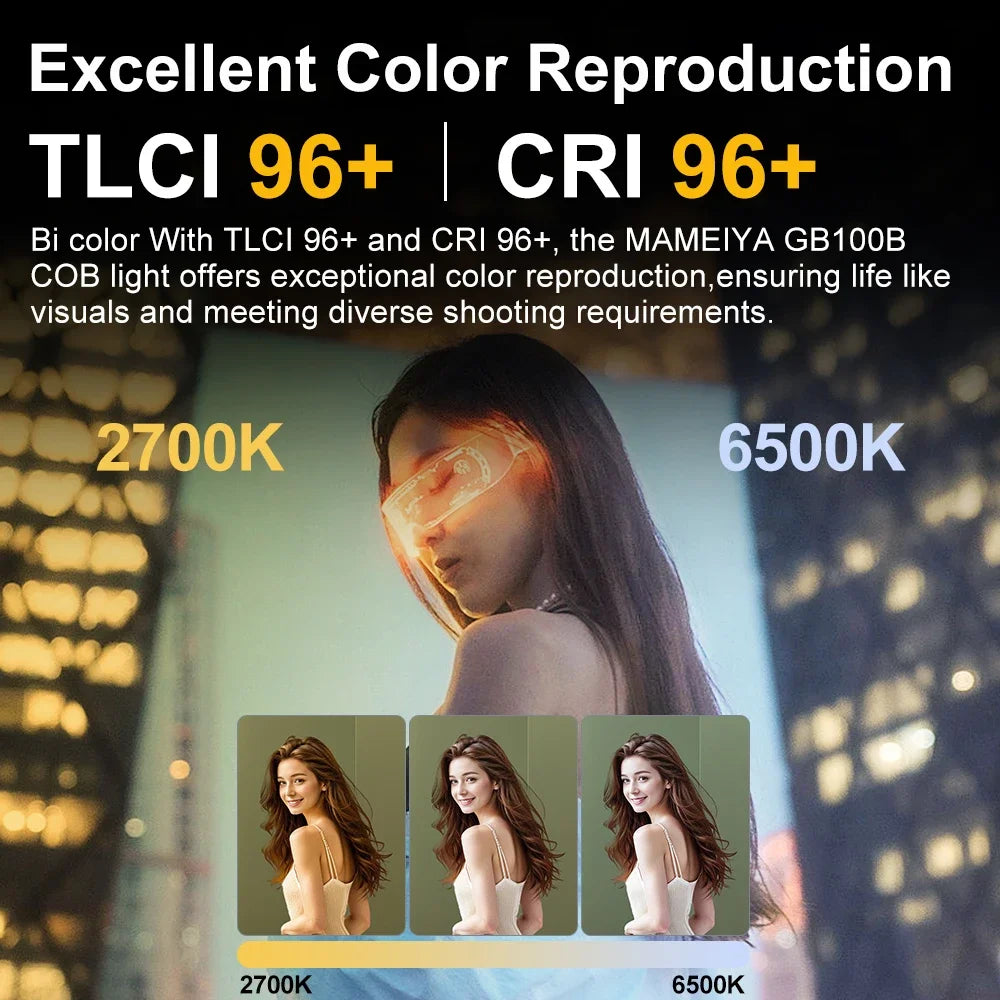 MAMEIYA GB100B bi-color COB light with 96+ CRI and TLCI for precise color accuracy in video and photography.