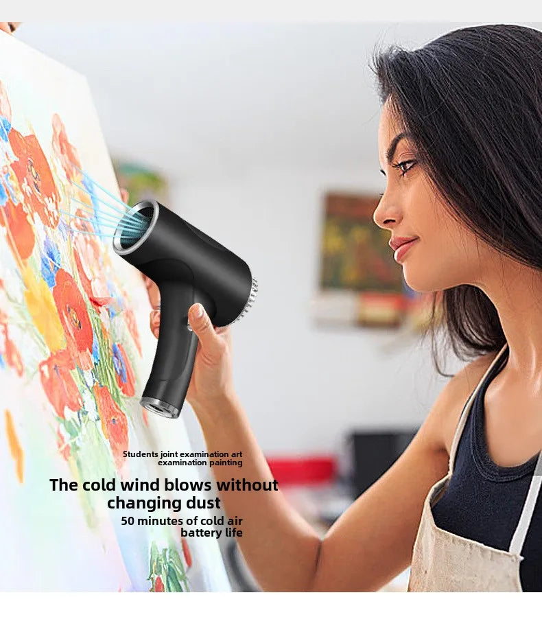 Black wireless portable hair dryer with negative ion tech and cold air mode for art drying and hair styling.