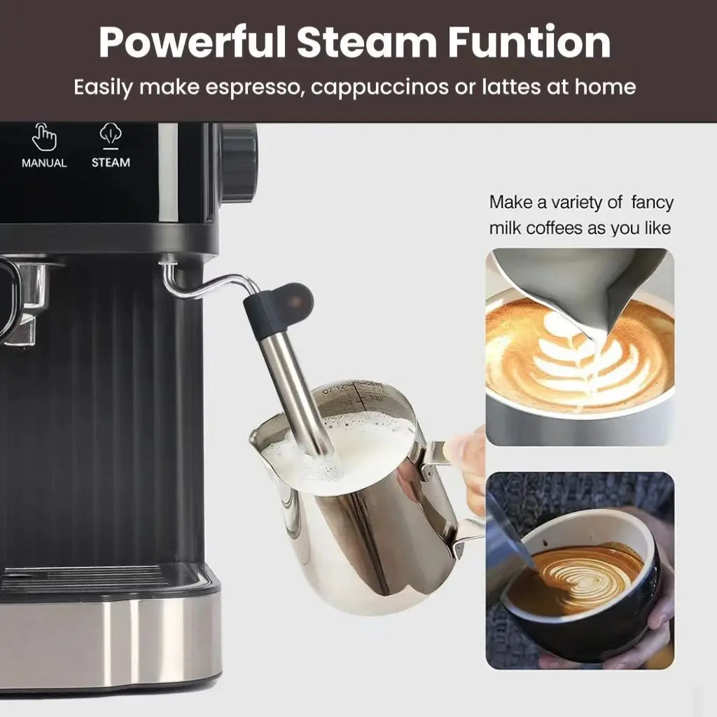 Black and stainless steel espresso machine with steam wand frothing milk in a metal pitcher for latte art.