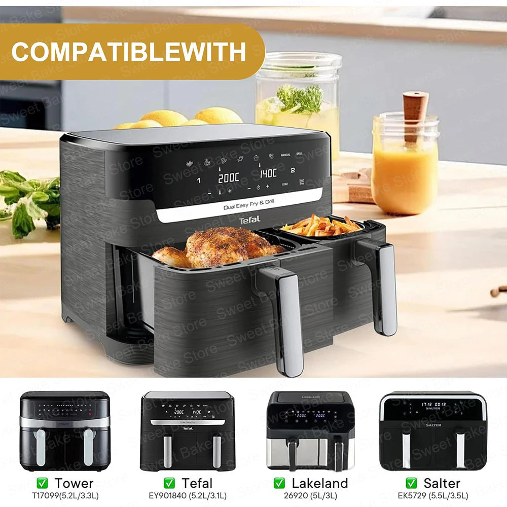 2 Reusable Hot Air Fryer Silicone Baking Moulds for Tefal EY9018 Dual Easy Fry 5.2/3.1L, Cecotec 5.5/3.5L, for Lakeland 5L/3L