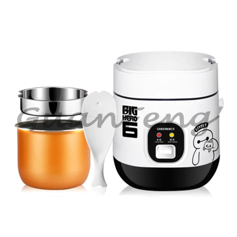 White mini rice cooker with inner pot and control display, side view