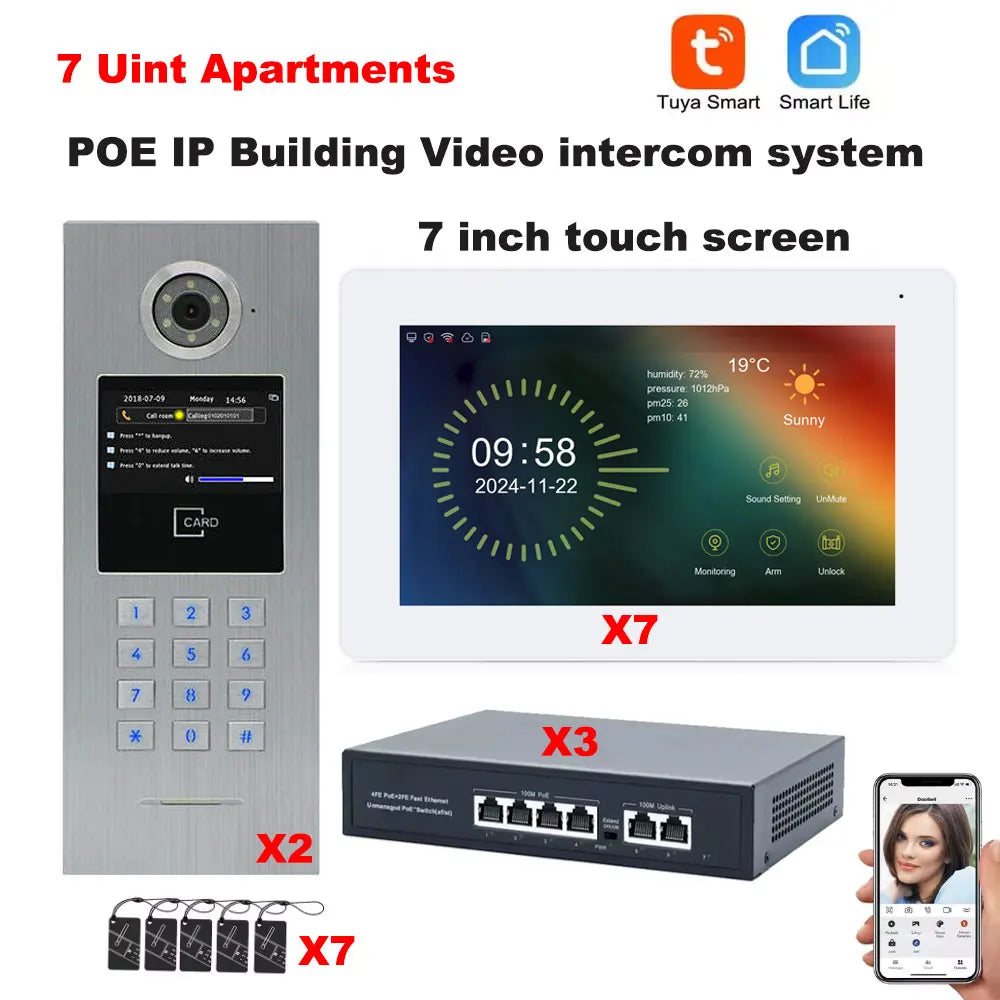 Video intercom system components: outdoor keypad, 7-inch screen, and POE switch box