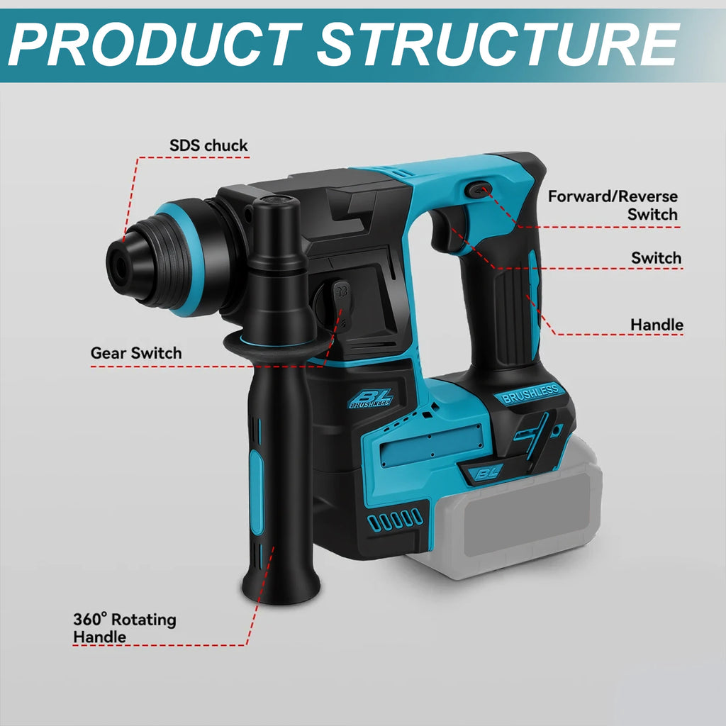 Podofo Brushless Cordless Rotary Hammer Drill Bare Tool Dual Modes Drilling Hammer Drilling For Concrete Brick Stone Masonry Wood Metal Home Renovation Heavy Duty Construction DIY Power Tool