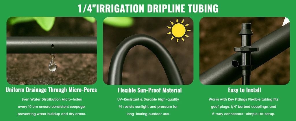 1/4" Irrigation Dripline Tubing 100Ft Roll 6" Emitter Spacing 0.5 GPH Emitters Built-In Drip Irrigation Line with 1/4" Fittings