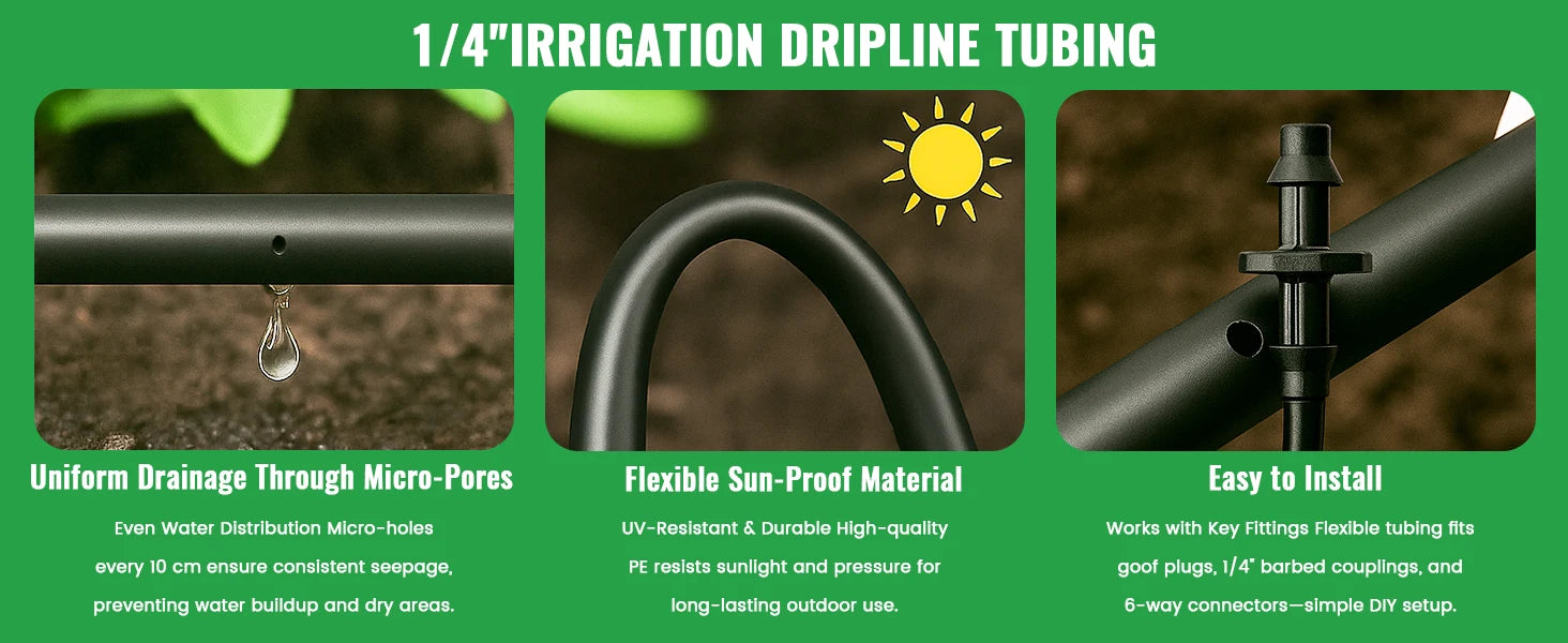 1/4" Irrigation Dripline Tubing 100Ft Roll 6" Emitter Spacing 0.5 GPH Emitters Built-In Drip Irrigation Line with 1/4" Fittings
