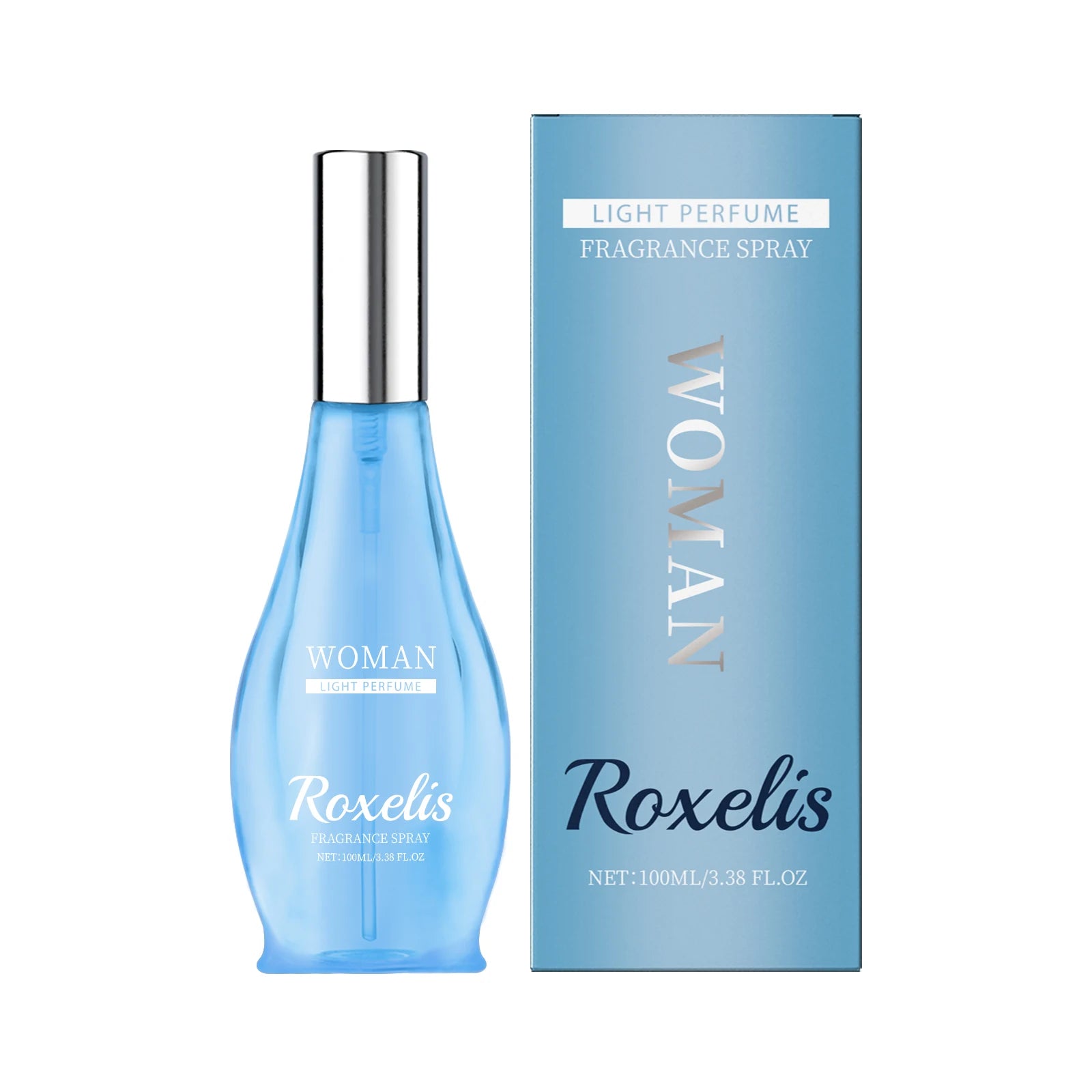 Roxelis Woman Coconut Oriental Eau de Toilette, a fresh fragrance in a curved blue spray bottle with its elegant box.
