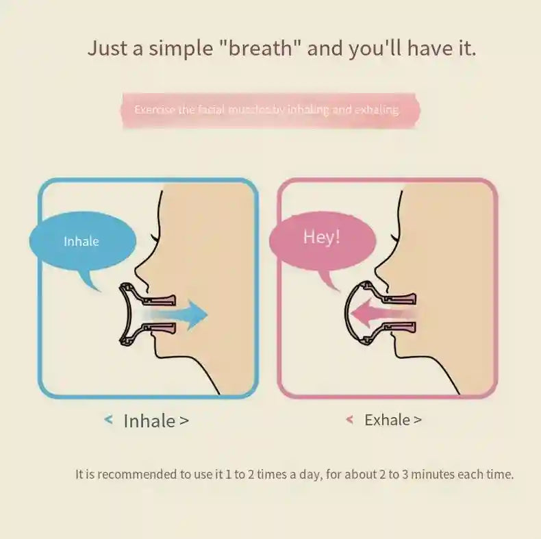 Instructional diagram showing a pink silicone facial exerciser being used for inhaling and exhaling to tone face.