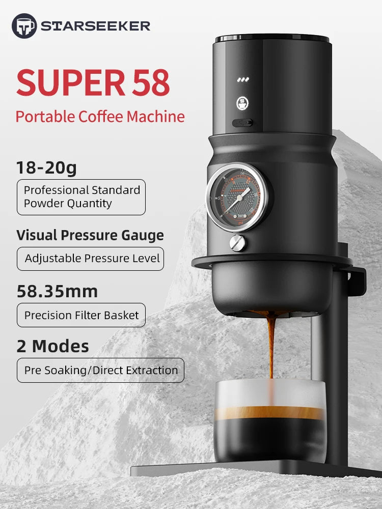 Starseeker Super 58 black portable coffee maker with pressure gauge and 58.35mm precision filter basket.