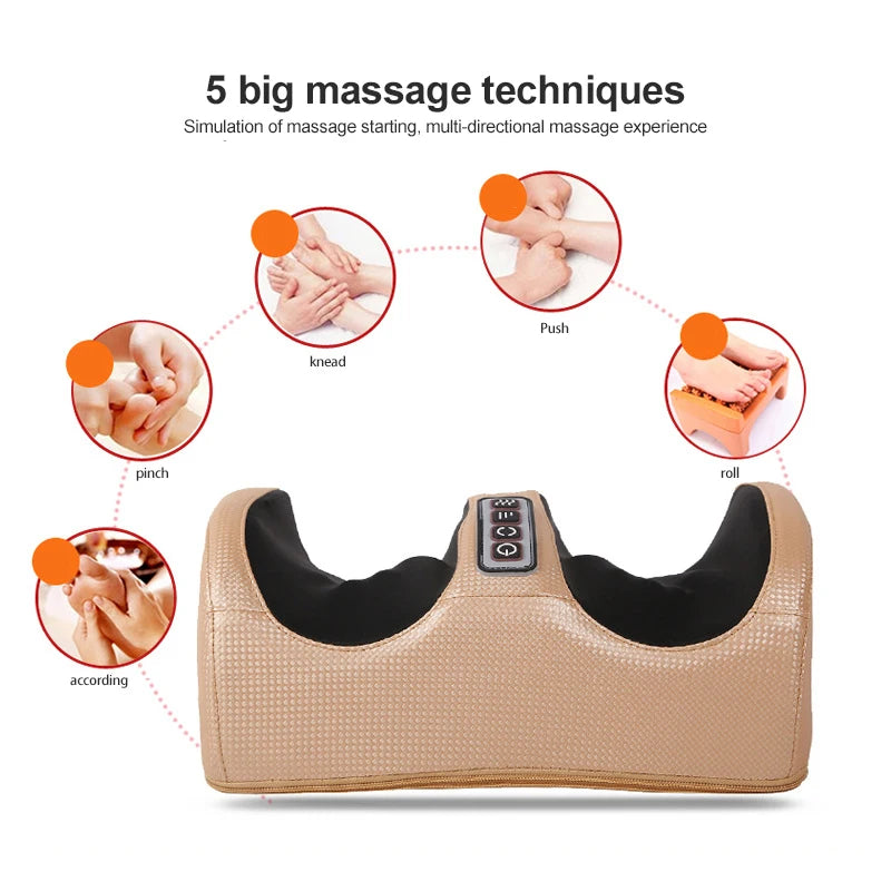 Electric heated foot and calf massager showing 5 deep tissue kneading techniques for muscle relief and fatigue.