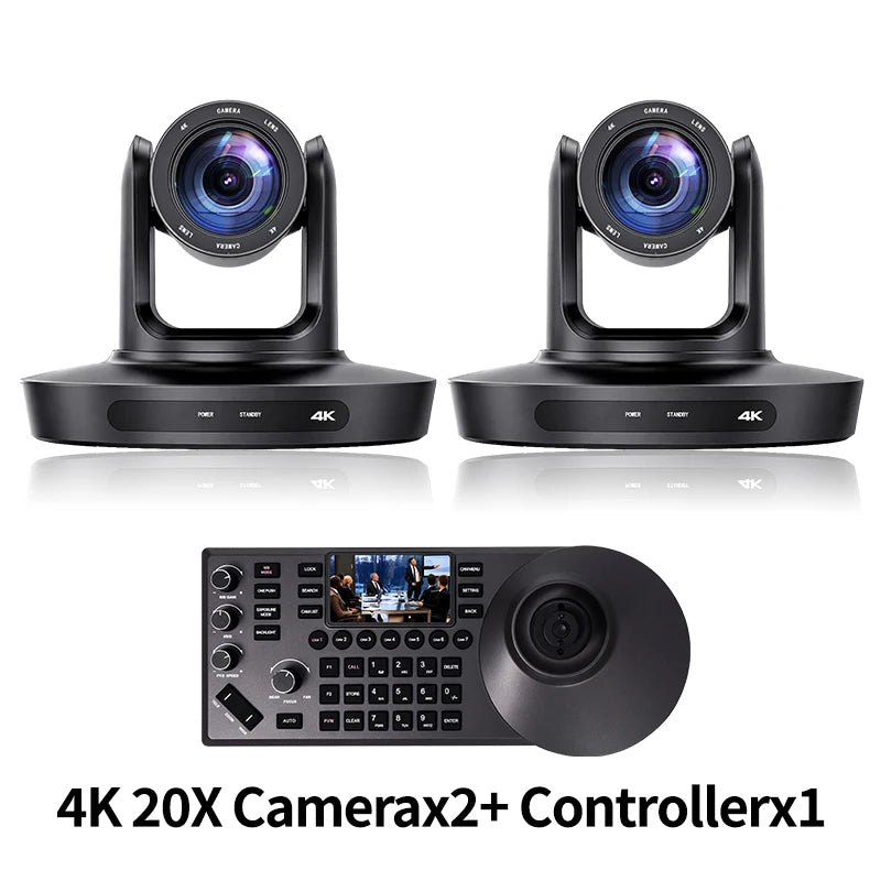 Video conferencing PTZ camera kit: two black PTZ cameras and a control console