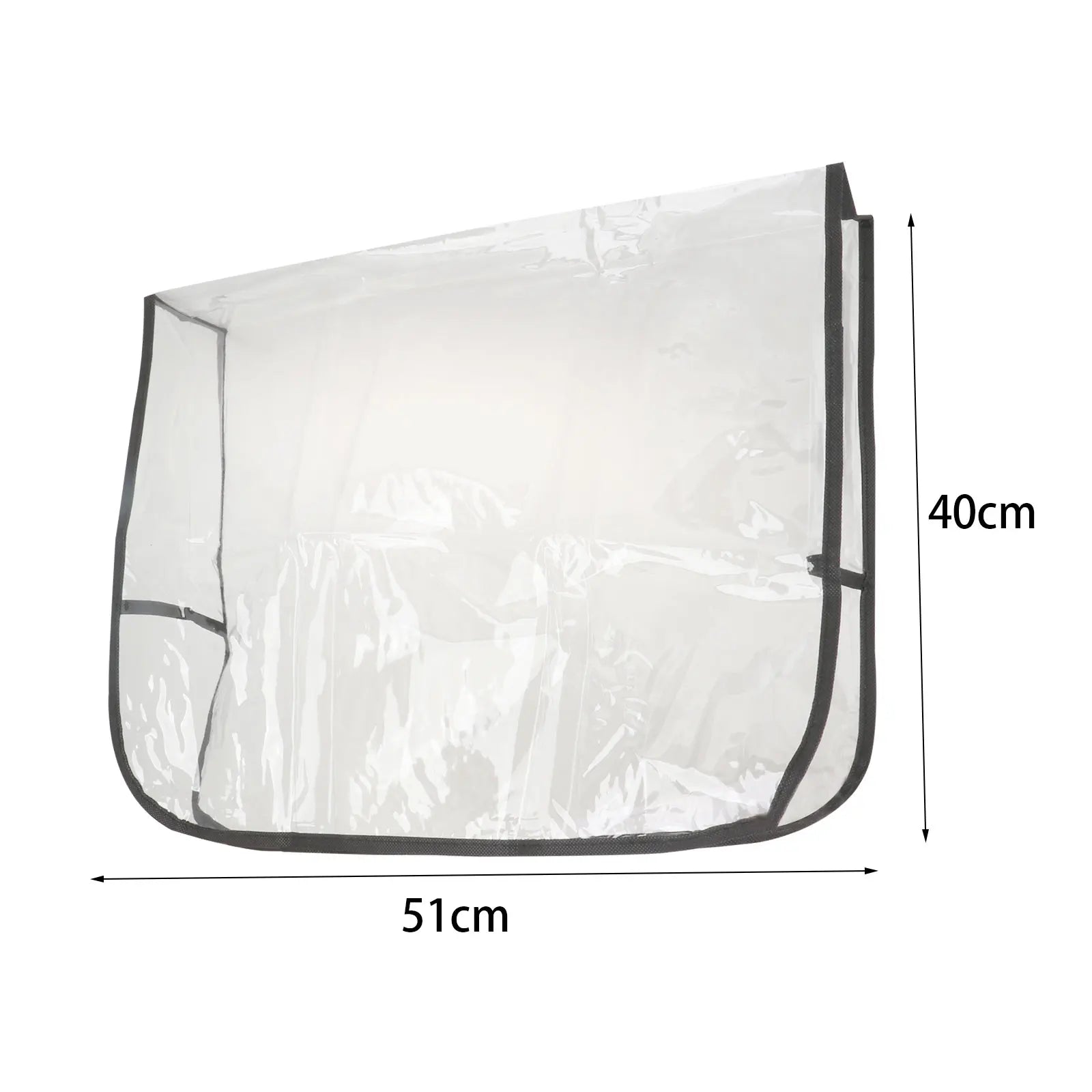 Clear plastic dust cover, 51cm x 40cm, with black fabric trim for protecting clothes or bags from dust.