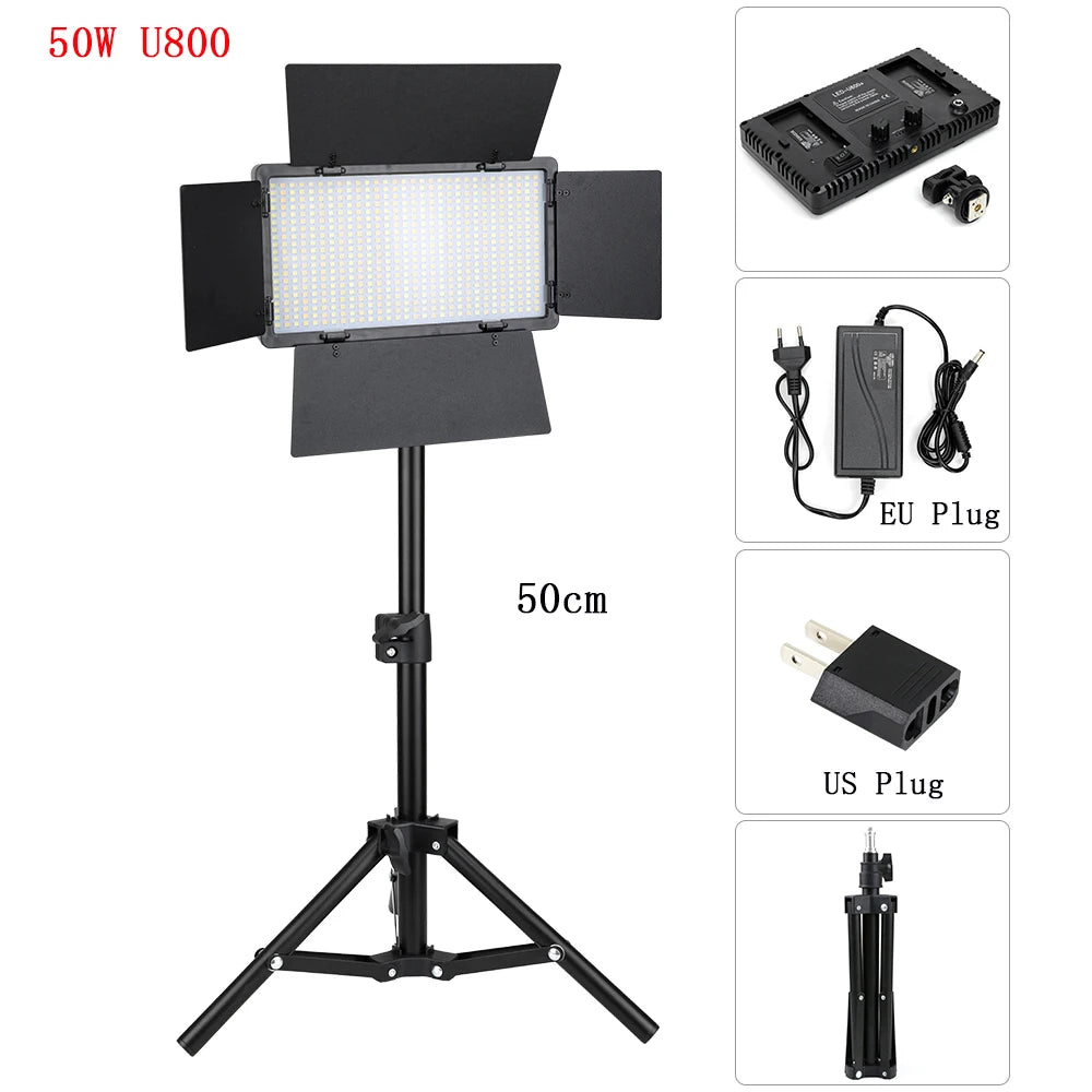 U800 50W LED video light panel with black barn doors, tripod stand, power adapter, and US/EU plug adapters.