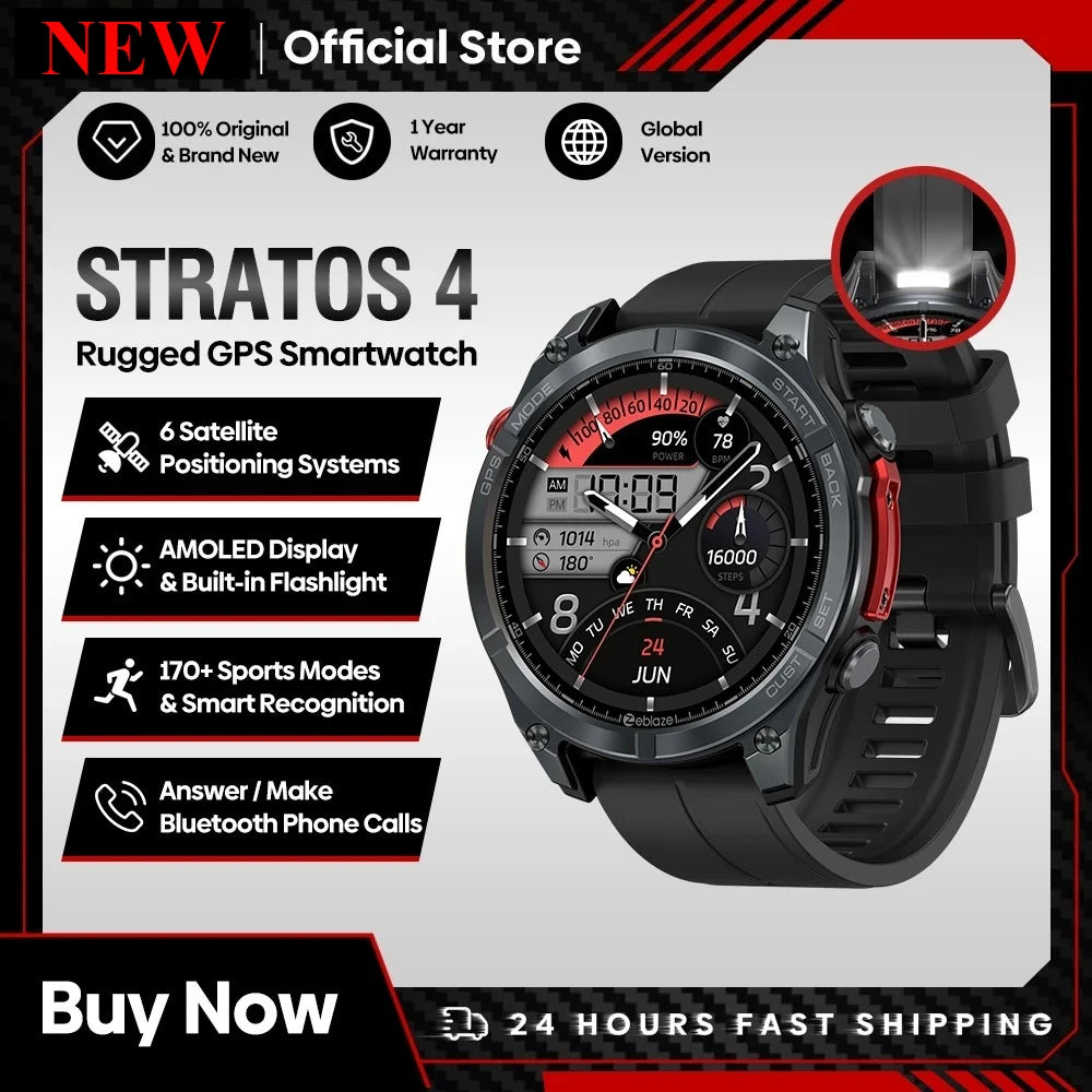 Stratos 4 GPS Smart Watch 1.43 AMOLED Display Built-in Compass Barometric Altimeter Flashlight Voice Call Smartwatch