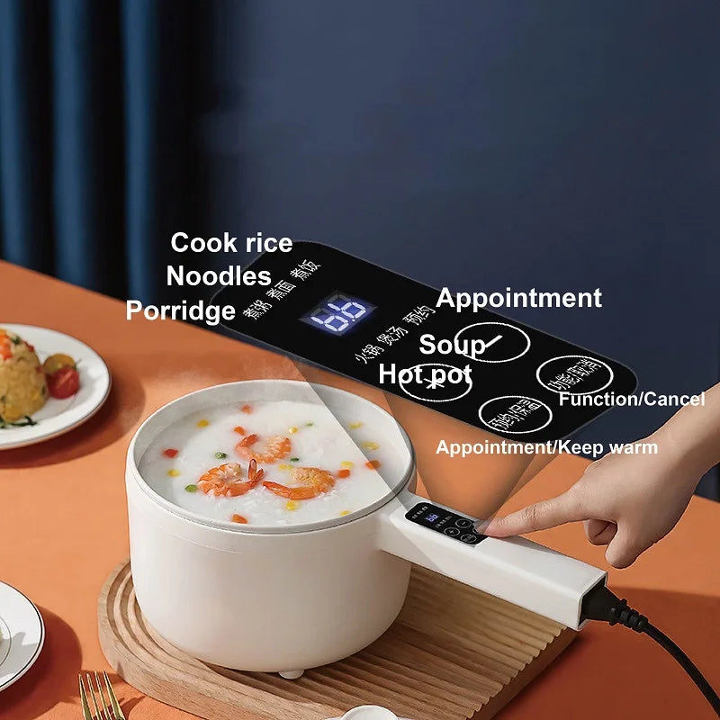 Electric cooking pot on countertop with LED display and finger on control buttons