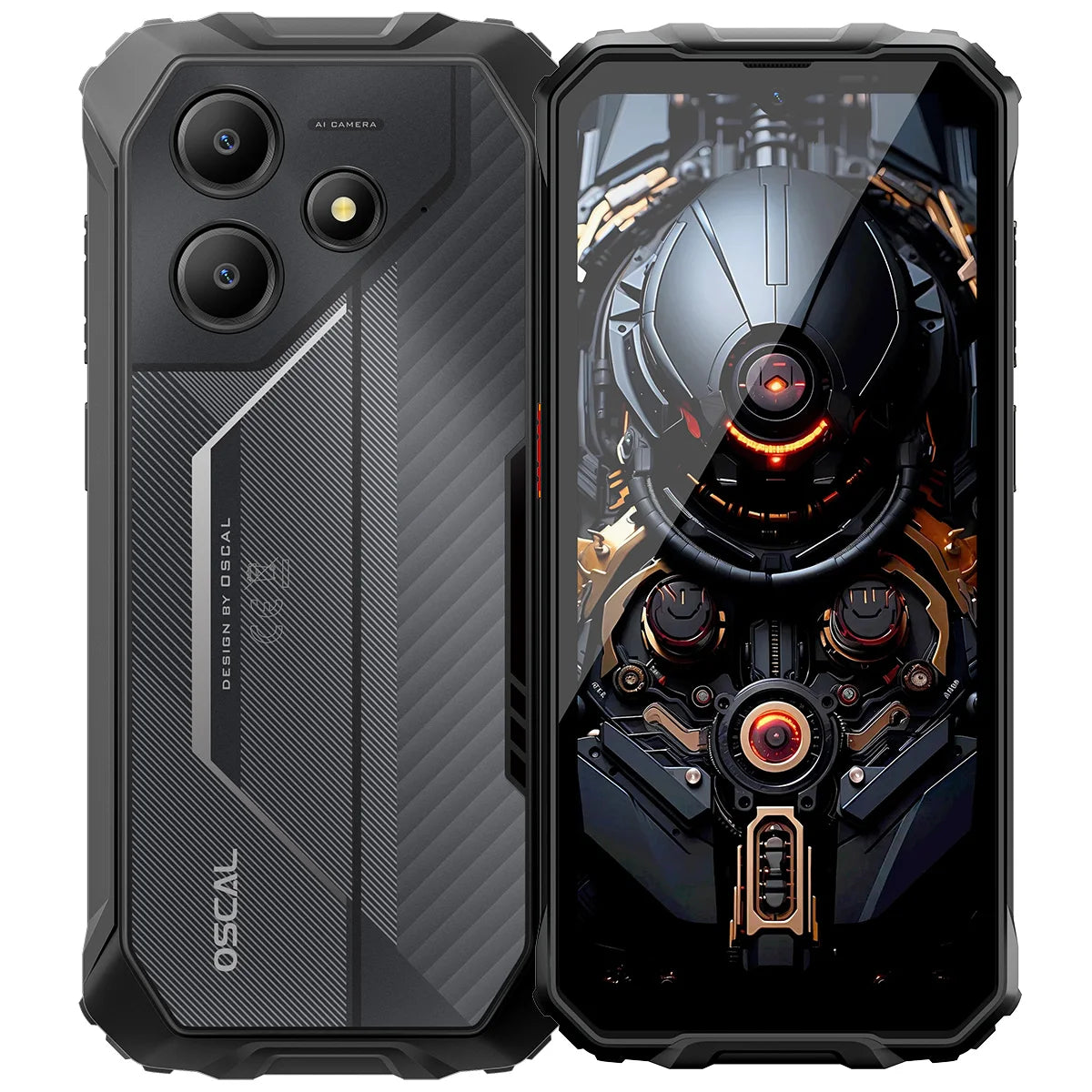 Blackview OSCAL Marine 2 rugged smartphone, front and back view, black finish, 6.56-inch HD+ display, AI dual cameras.