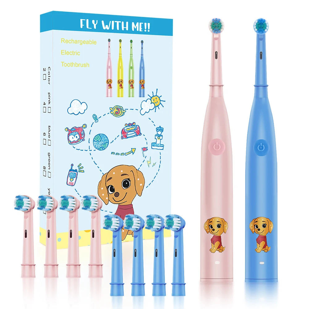 Children's Electric Toothbrush with 4 Replacement Heads Cartoon Kids Electric Toothbrush 5 Cleaning Modes Round Head Rotating