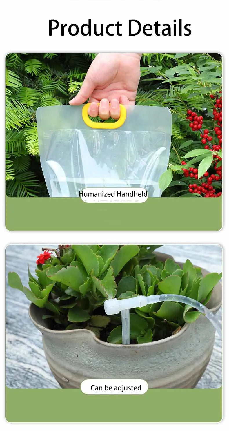 Automatic drip irrigation watering bag held in hand, transparent with adjustable outlet